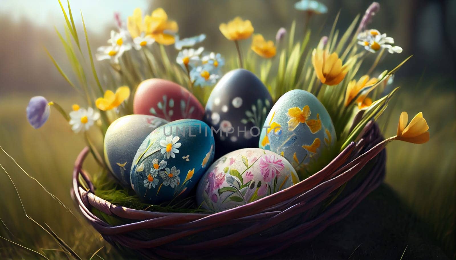 Happy Easter Day Concept. Easter eggs in basket on green grass garden and sunny spring, template banner for website, AI Generative