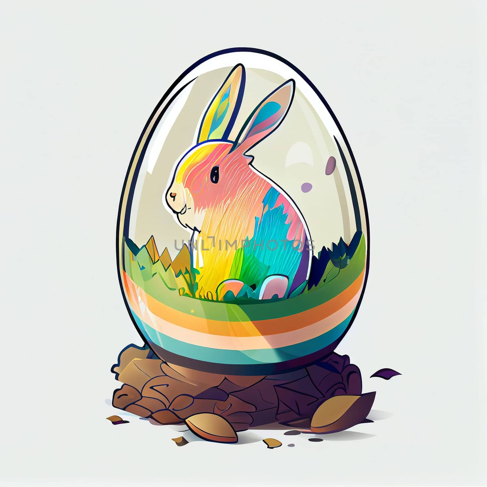 Easter Day Concept. Watercolor easter bunny in the eggs, elements illustrations, cartoon holiday painted background, AI Generative