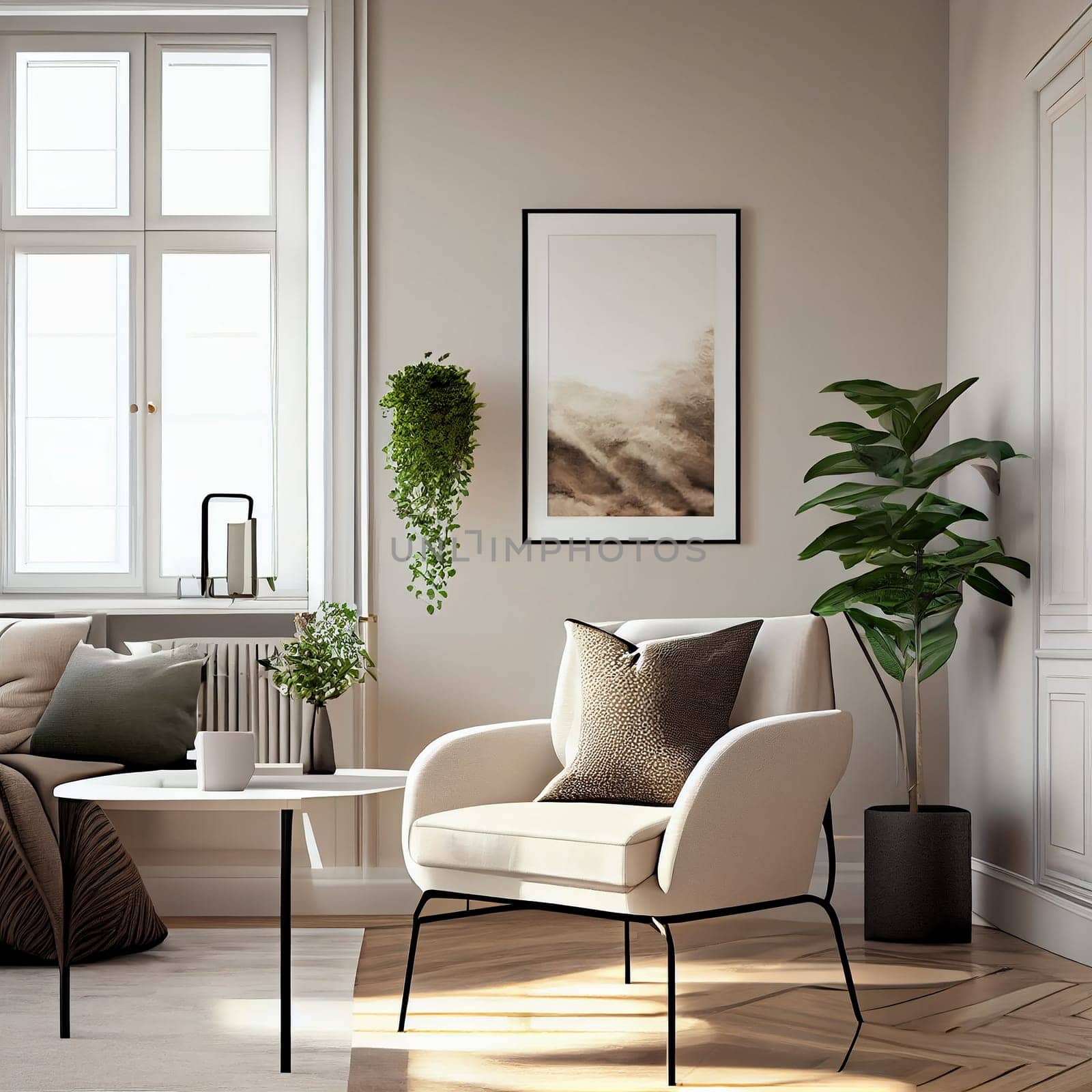 Modern interior design armchair sofa in living room with near windows and mock up poster frame in wall at home, Neutral living room, empty nobody, 3D render by Generative AI