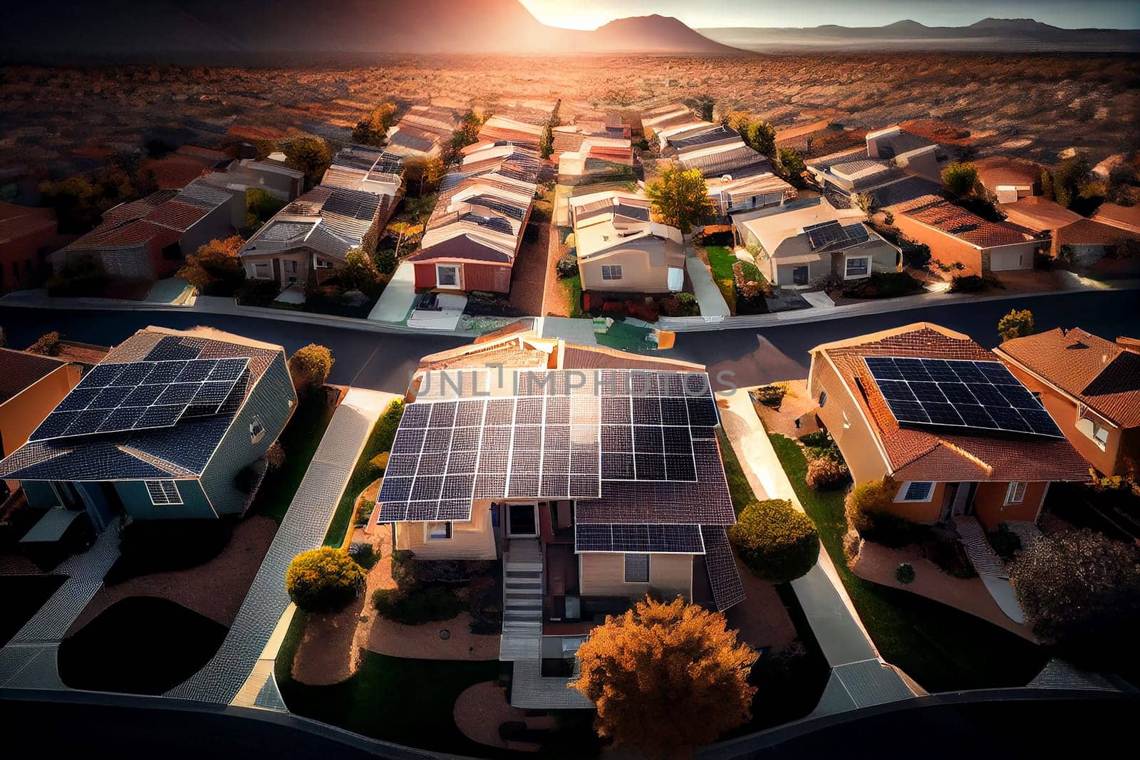 Drone view of build houses with solar panels attached on roof against of apartment buildings, Solar cells on factory rooftop, Solar energy power panels, power energy, Generative AI