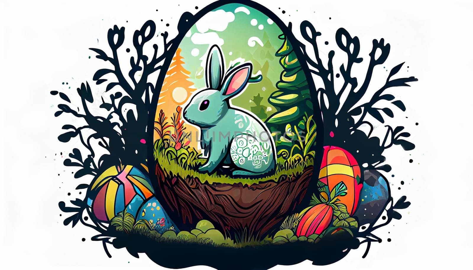 Easter Day Concept. Watercolor easter bunny in the eggs, elements illustrations, cartoon holiday painted background, AI Generative