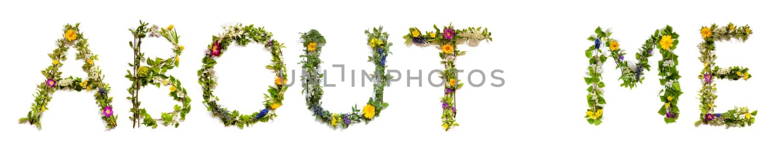 Blooming Flower Letters Building English Word About Me. Colorful Spring and Summer Blossoms. White Isolated Background.