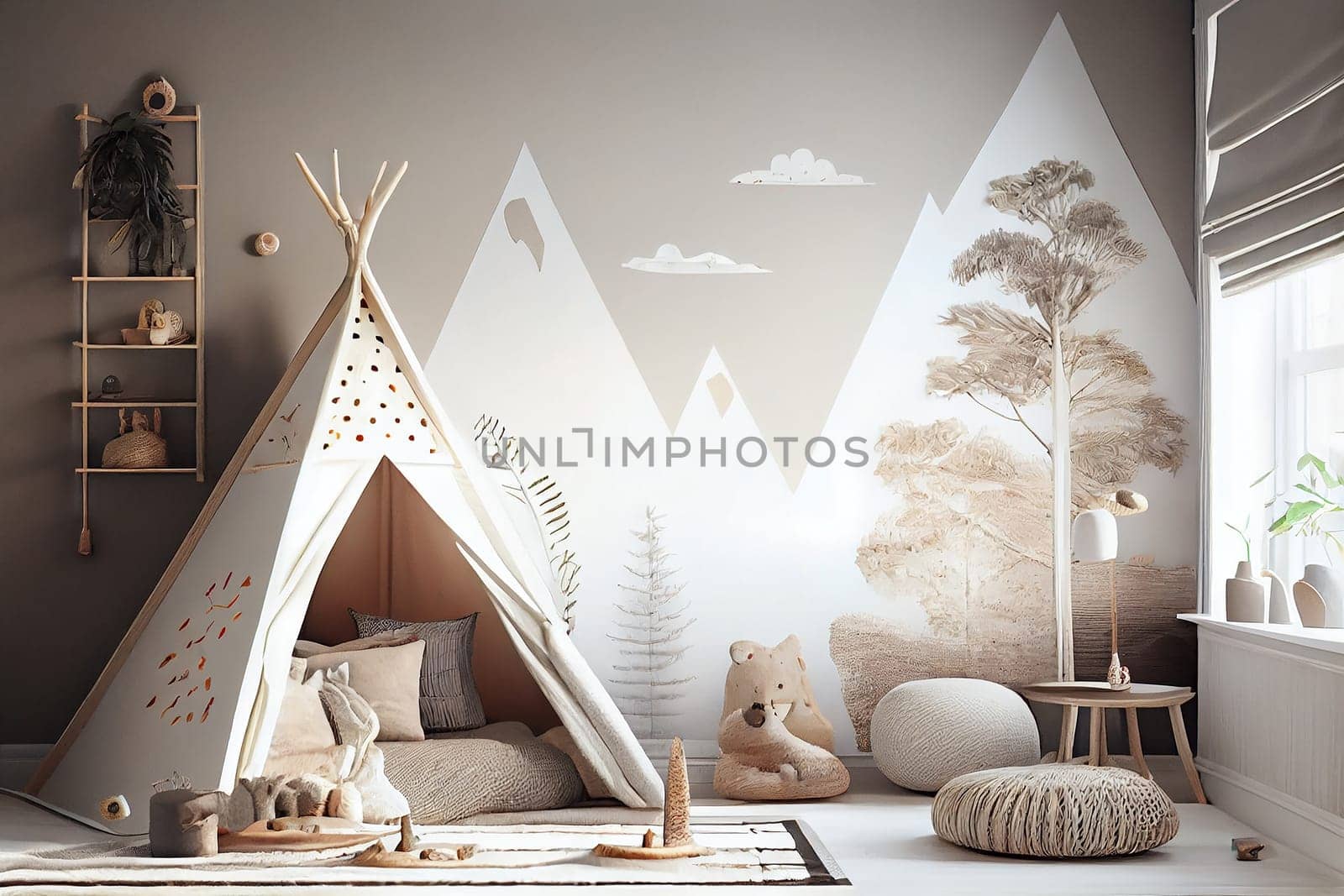 Cozy kids room with tent, Creative playroom interior decorated for child play, Montessori interior, room design, playroom, Generative AI