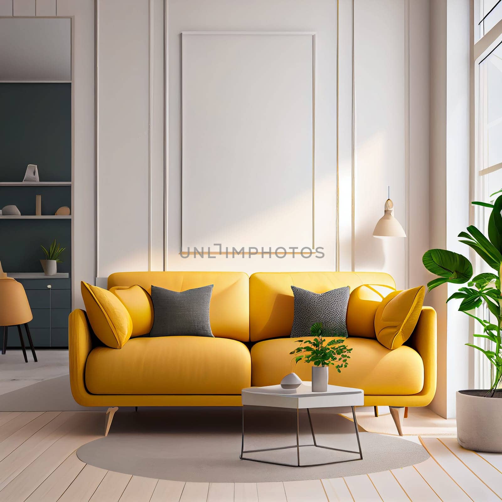 Modern interior design yellow armchair sofa in living room with and mock up poster frame in white wall at home, lifestyle living room design, empty nobody, 3D render by Generative AI