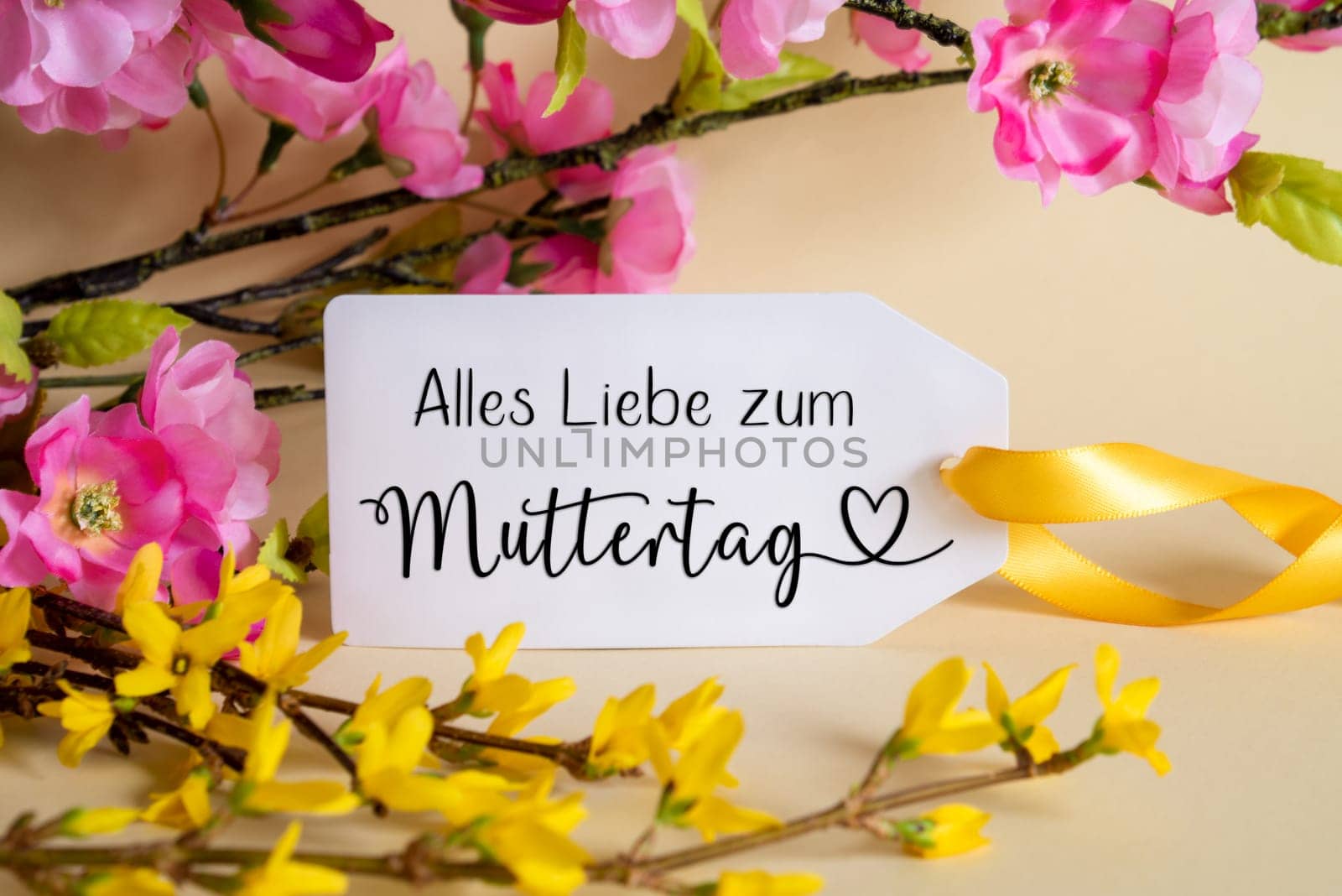 Spring Flower Arrangement With White Label With German Text Alles Liebe Zum Muttertag Means Happy Mothers Day. Colorful Flower Branch Decoration With Yellow And Purple Blossoms.