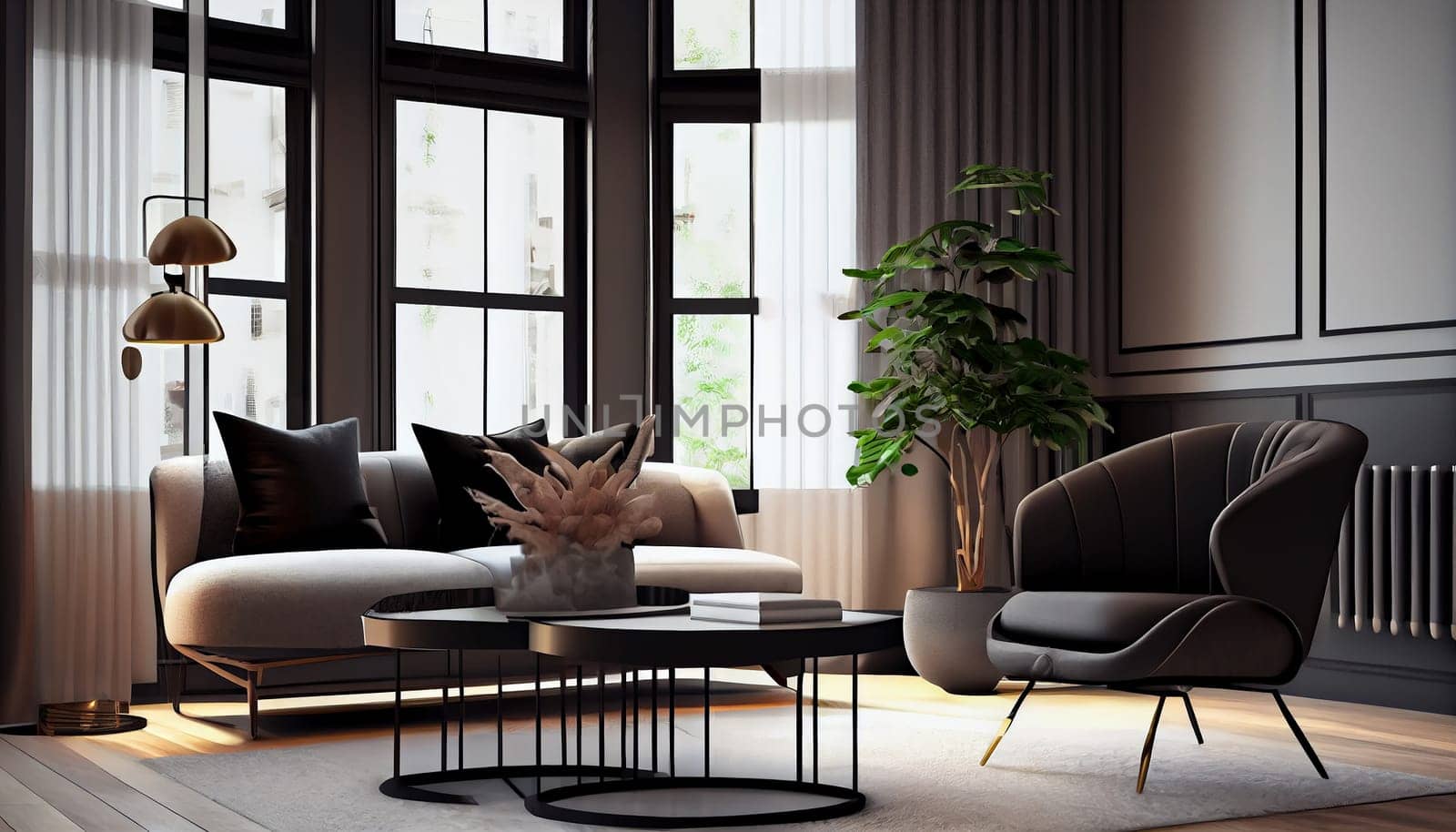 Modern stylish interior design with armchair sofa furniture in living room at home, lifestyle living room design, empty nobody, 3D render illustration by Generative AI