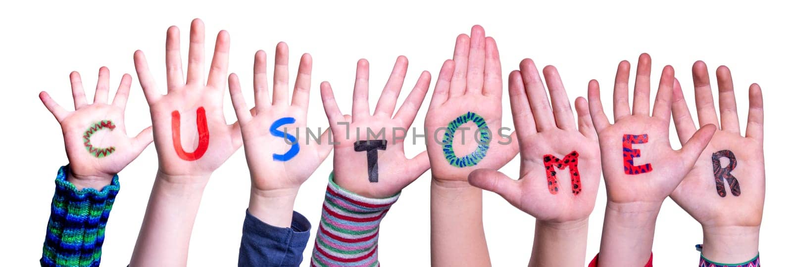 Children Hands Building Colorful English Word Customer. Isolated White Background.