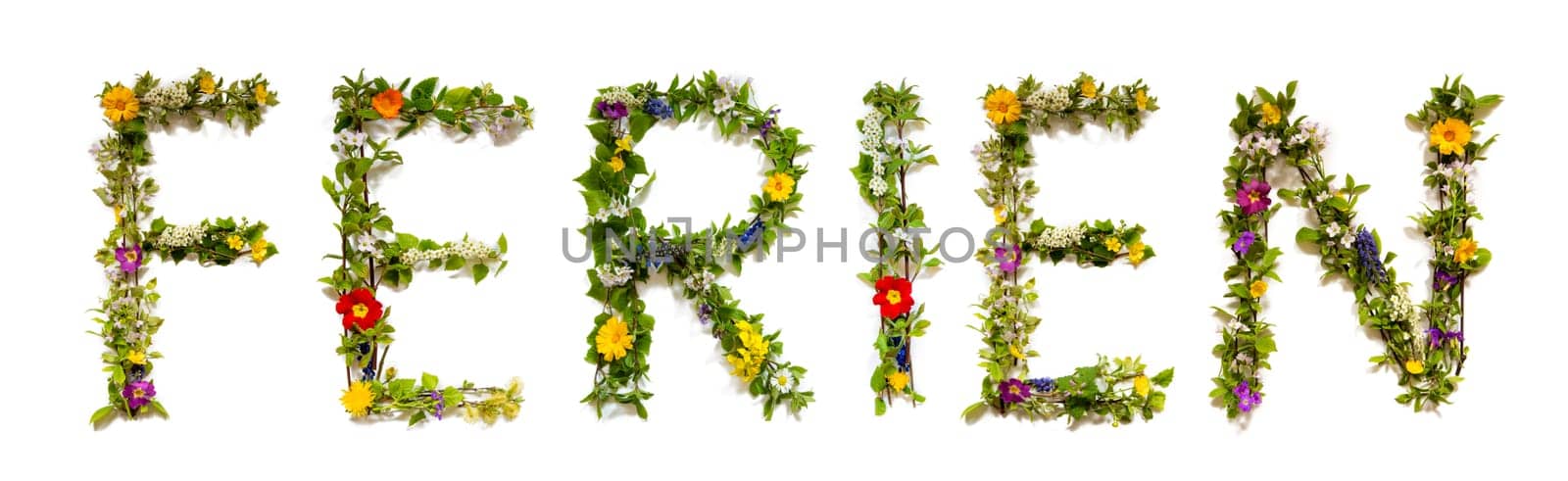 Blooming Flower Letters Building German Word Ferien Means Vacation. Colorful Spring and Summer Blossoms. White Isolated Background.