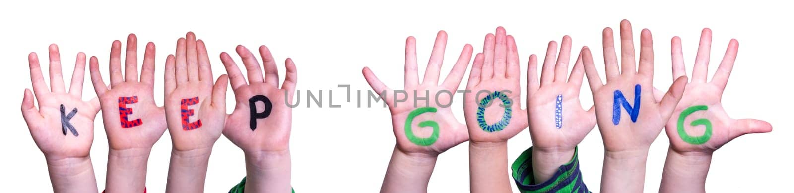 Children Hands Building Colorful English Word Keep Going. Isolated White Background.