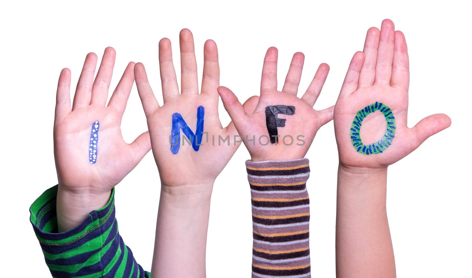 Children Hands Building Colorful German Word Info Means Information. Isolated White Background.