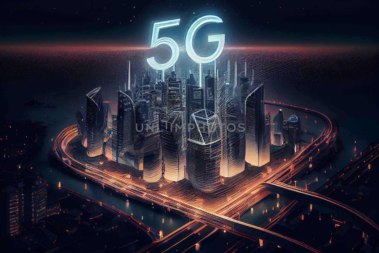 Smart cityscape skyline and communication 5G network online, night internet of things, Generative AI