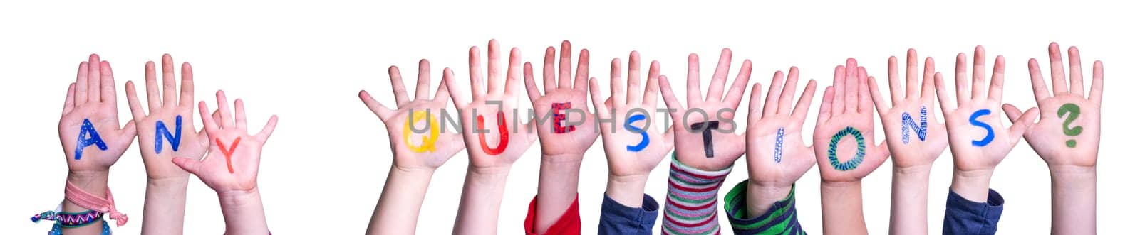 Children Hands Building Colorful English Word Any Questions. Isolated White Background.