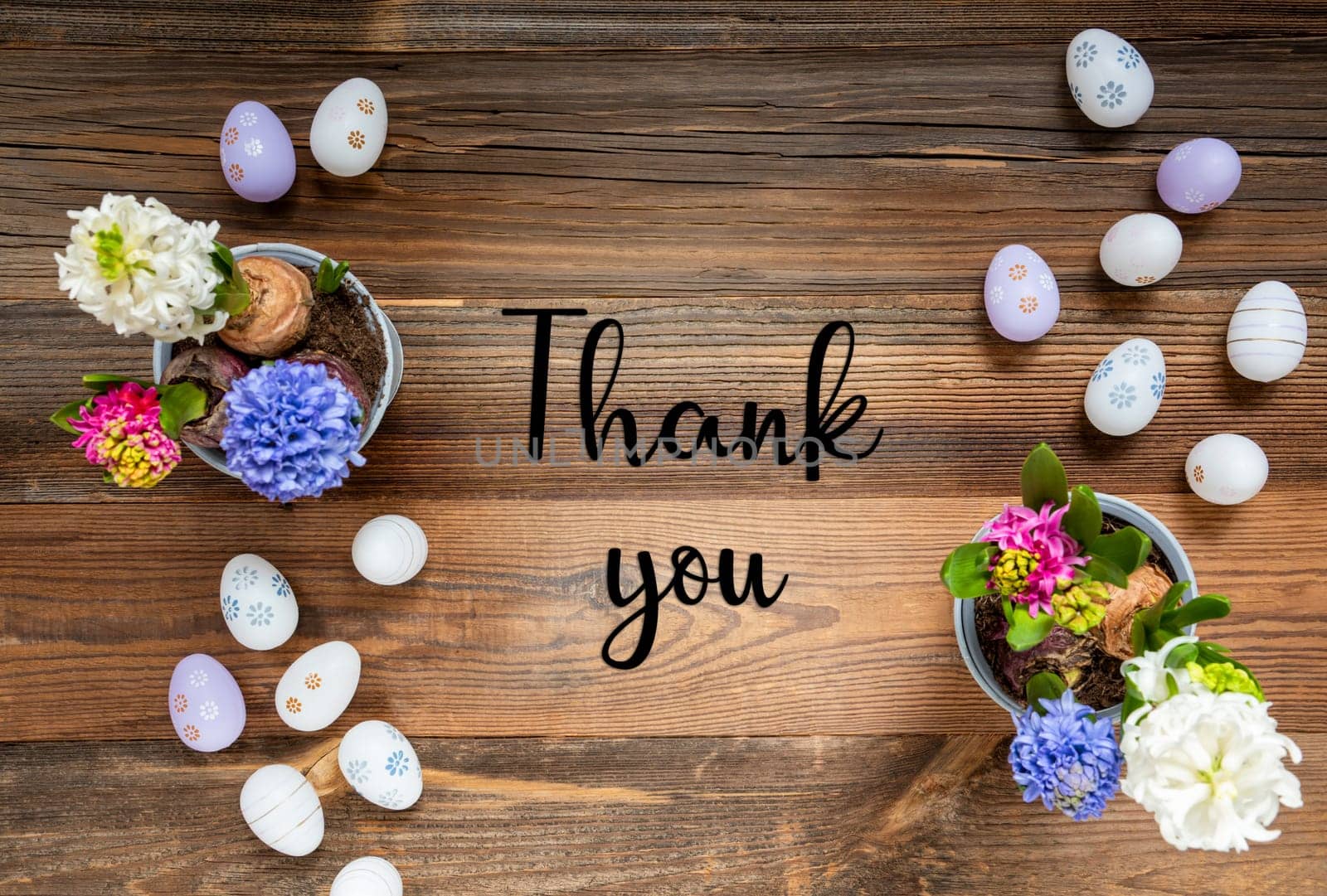 Easter Flat Lay With English Text Thank You. Flowers With Easter Egg Decoration And Ornament. Hyacinth Flower Arrangement With Wooden, Vintage Background.