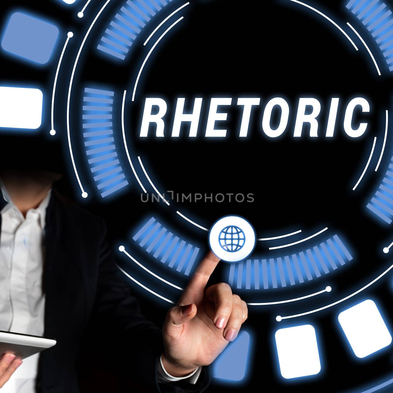 Sign displaying Rhetoric, Business showcase study of writing or speaking as mean of communication or persuasion