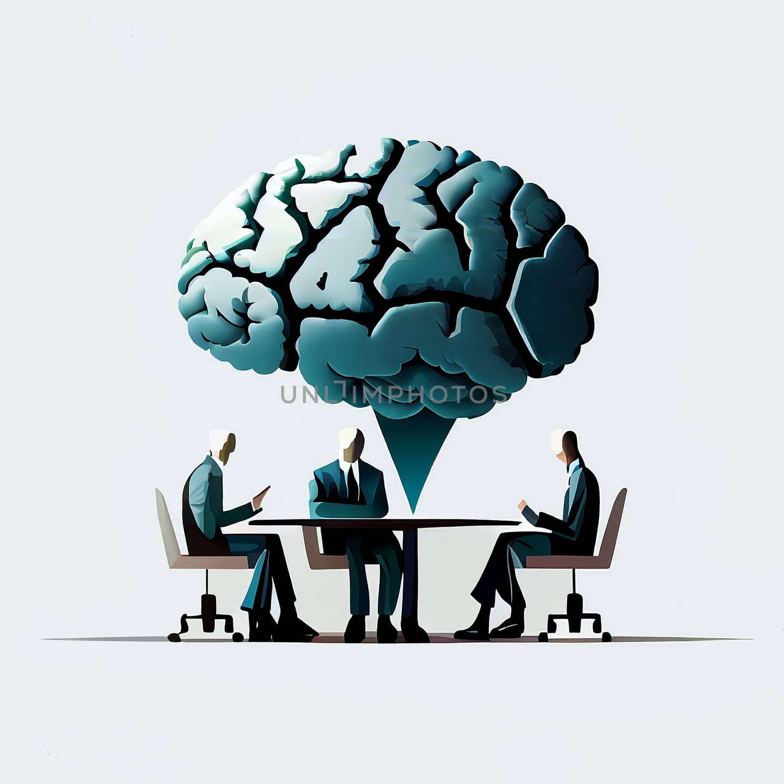 Meeting of businessmen on a round table with a brain tree, brainstorming for ideas and solution, teamwork in business, generative AI