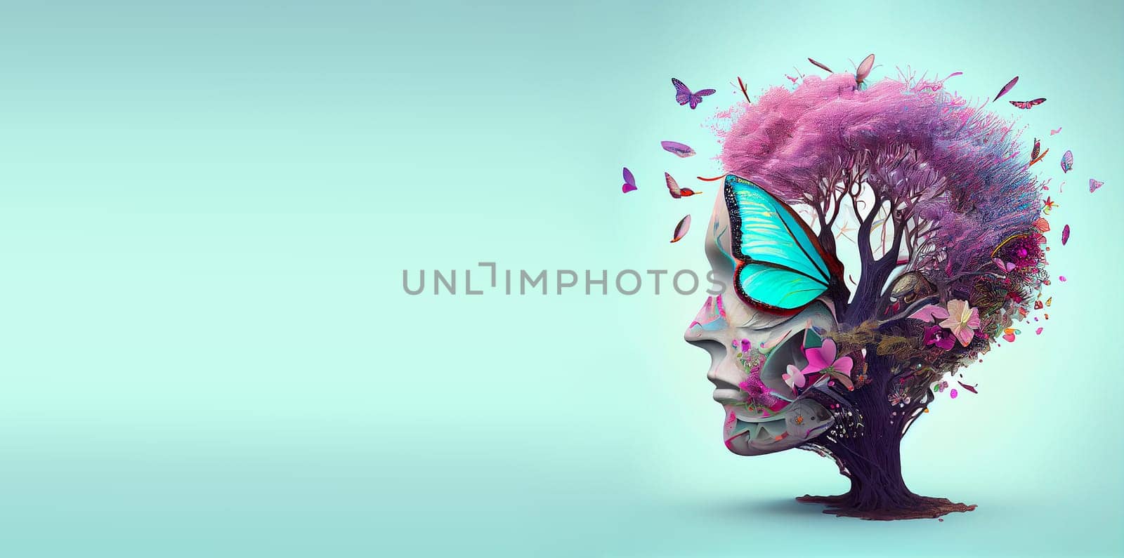Human brain with flowers and butterflies, self care and mental health concept, positive thinking, creative mind, generative AI