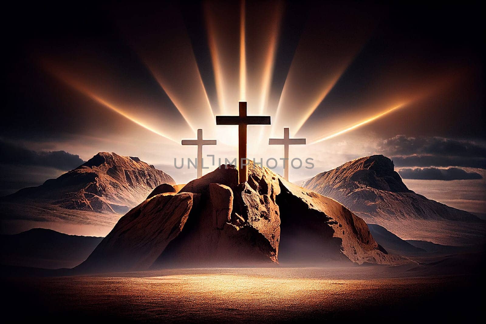 Three cross on the mountain with sun light, belief, faith and spirituality, crucifixion and resurrection of Jesus Christ at Easter, generative AI