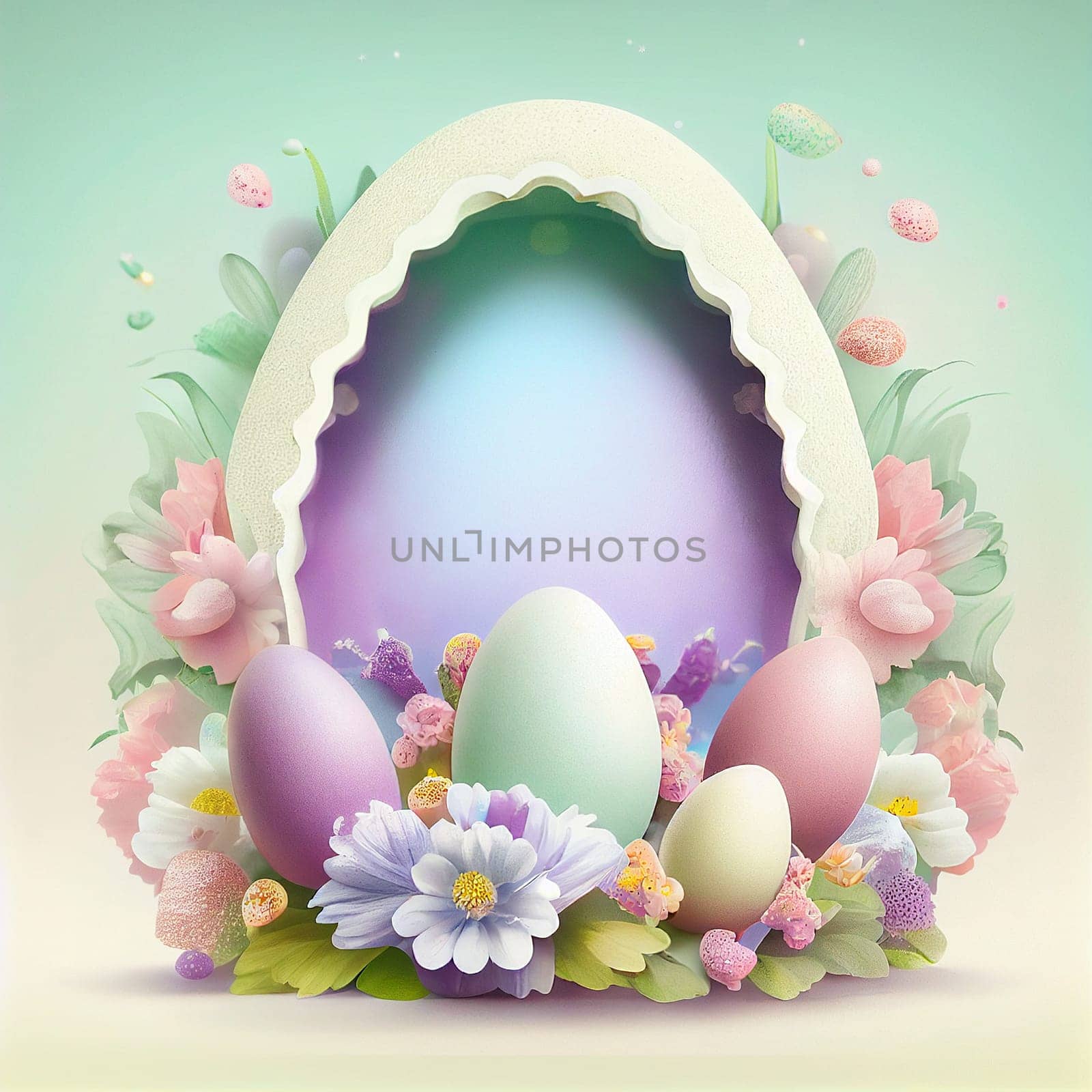Podium platform and greeting card, easter holiday in spring, pastel colored eggs and flowers, generative AI