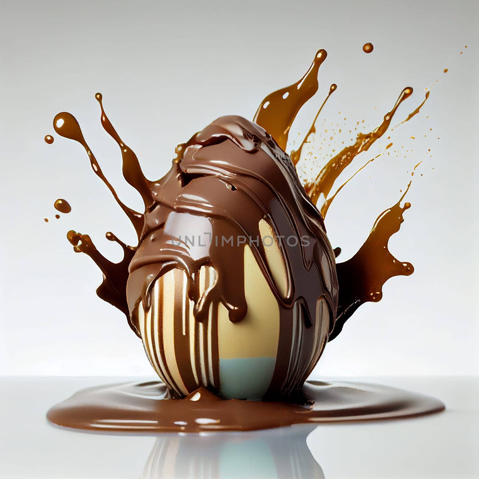 Chocolate easter egg with splashes, sweet food, spring holiday, generative AI