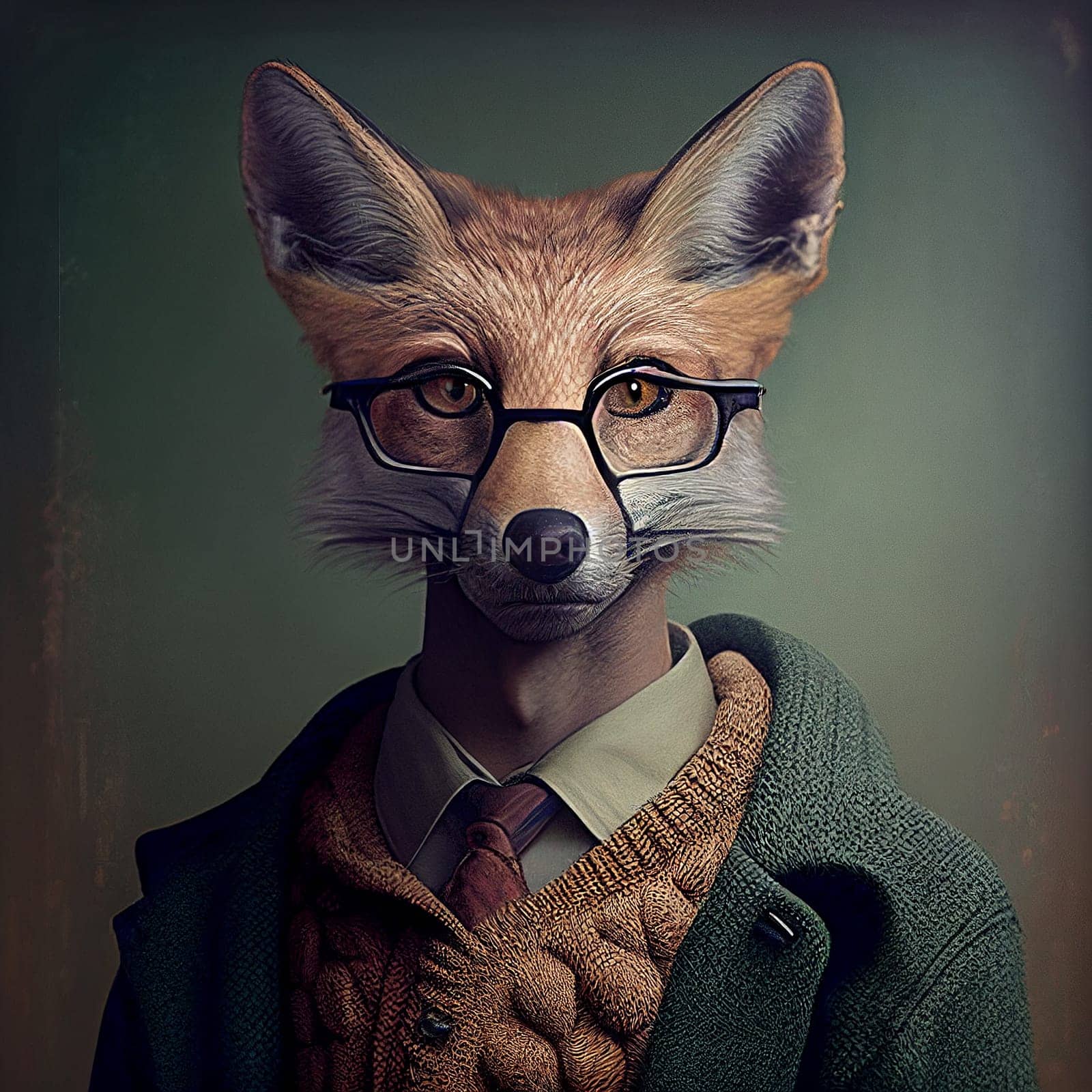 Surreal hybrid creature, half fox, half man in mythologie, wearing a sweater, jacket and eyeglasses, illustration, generative AI