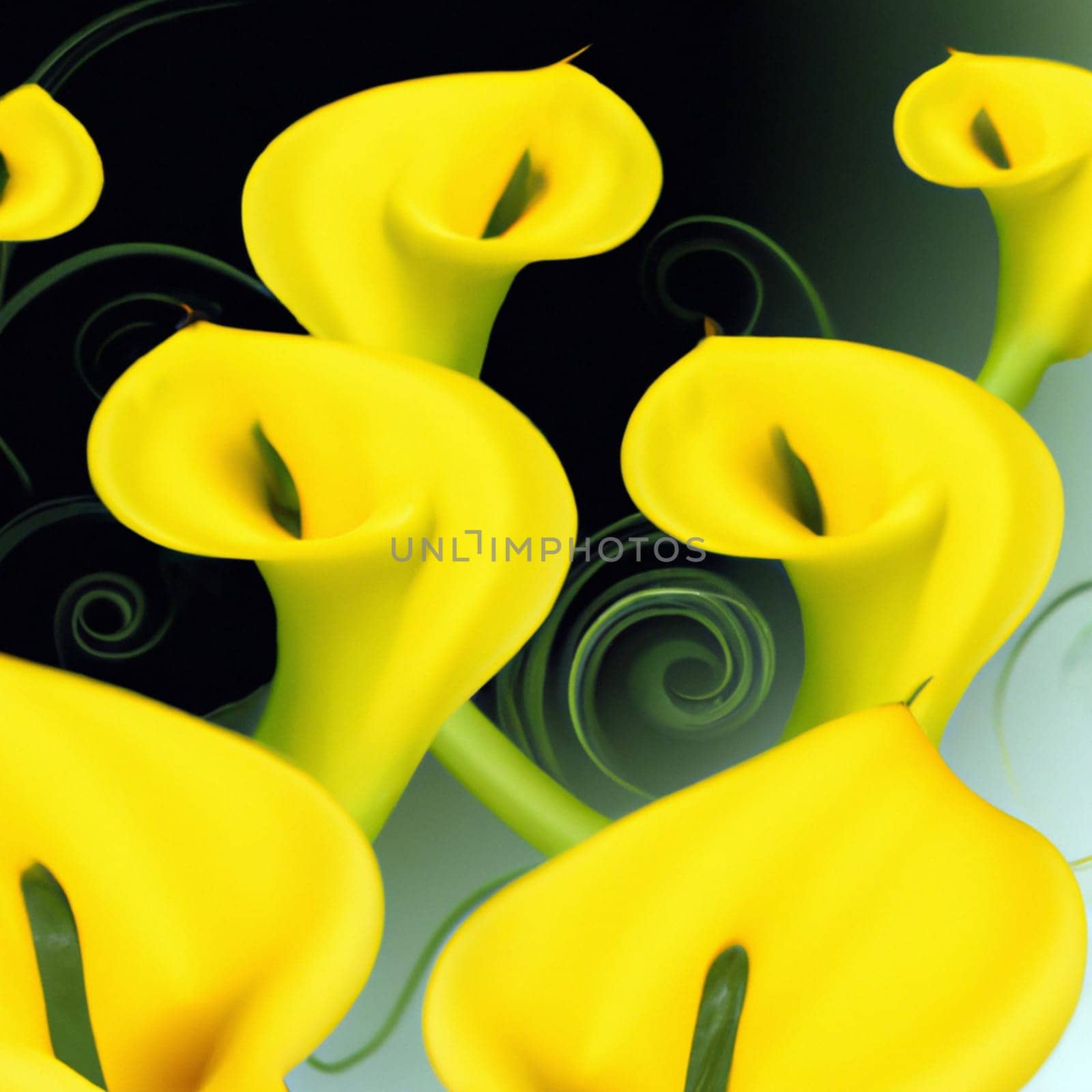 Lovely tender yellow callas with green leaves. Greeting card or label for product with calla lily fragrance. Green leaves curls. Zantedeschia, calla. Pistil-cob.