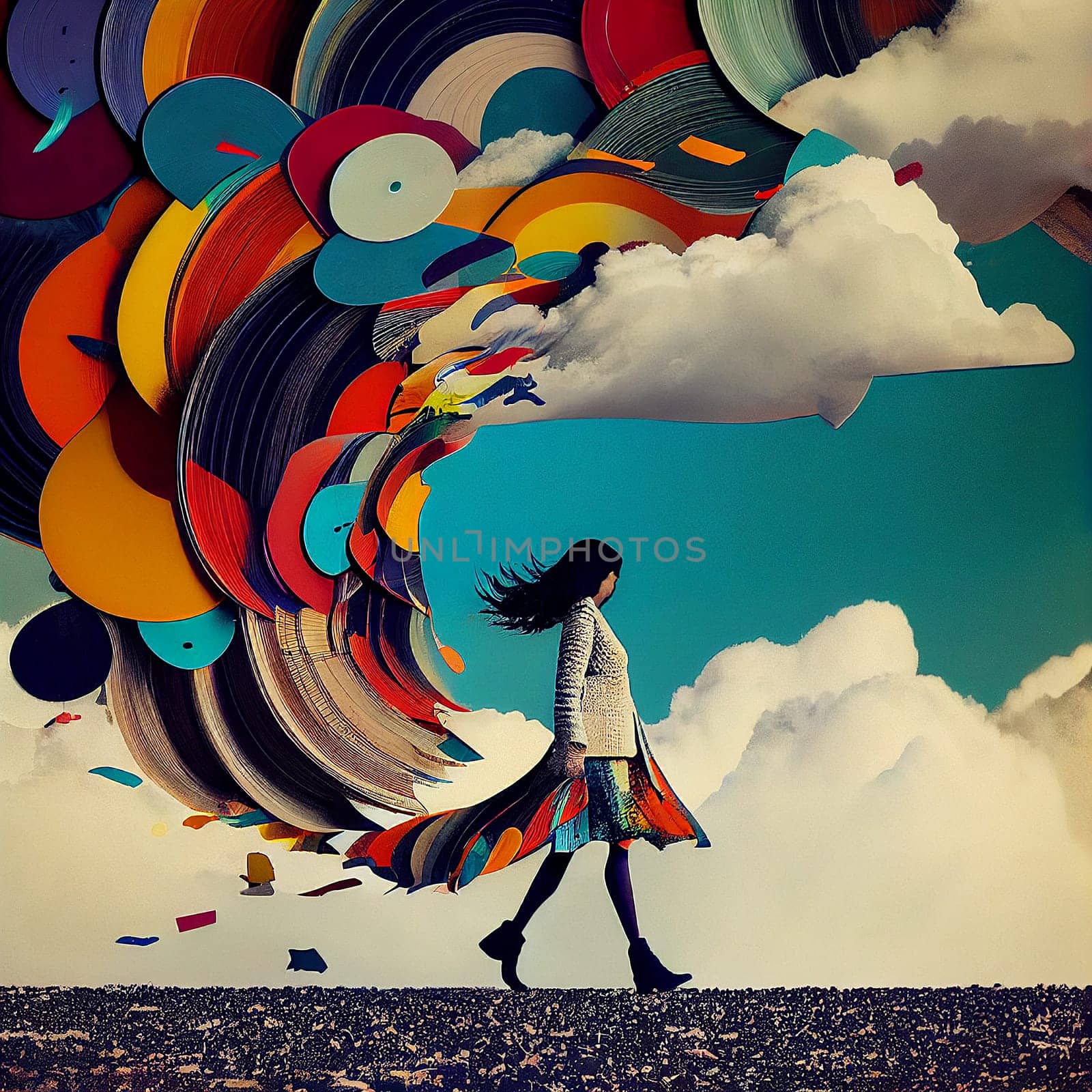 Woman connected to a huge colorful cloud with discs, positive optimistic attitude, hope and emotion concept, generative AI