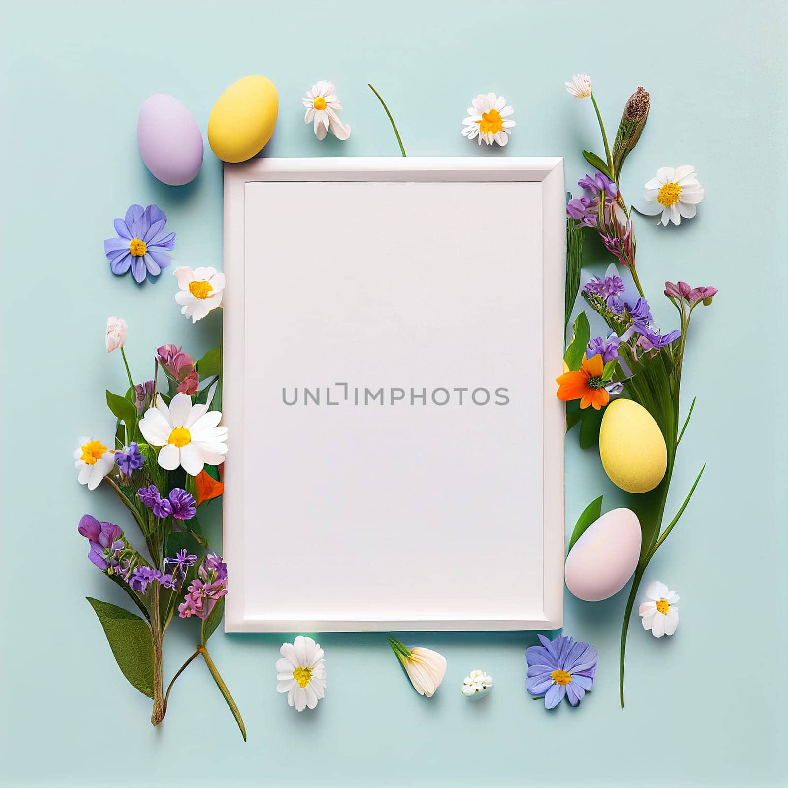 Easter holiday background, colorful eggs and flowers, blank paper, greeting card, spring season, generative AI
