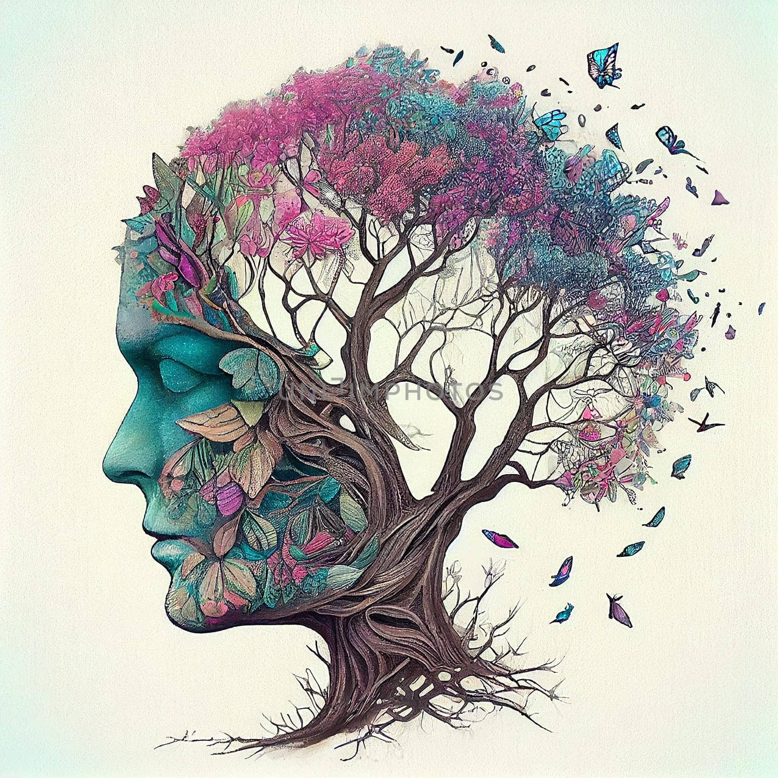 Human brain tree with flowers, self care and mental health concept, positive thinking, creative mind, generative AI