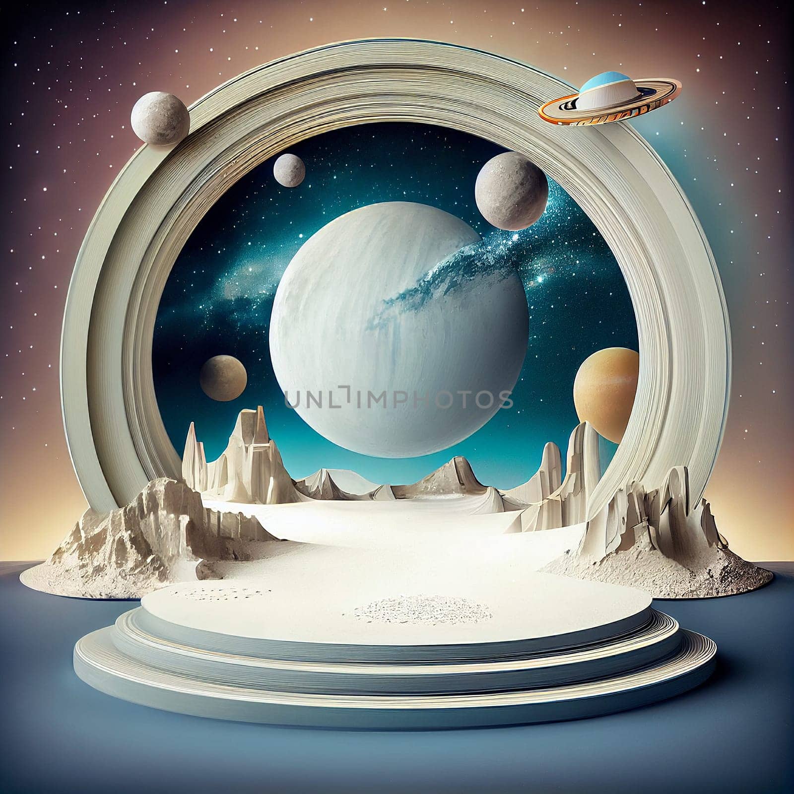 Podium platform 3d, planets, astronomy and science, product display and showcase, promotion, generative AI