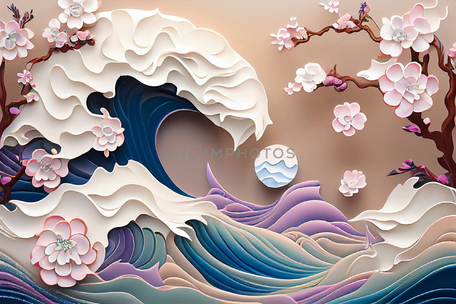Colorful water wave with cherry blossoms, spring pastel color, ocean of flowers, generative AI