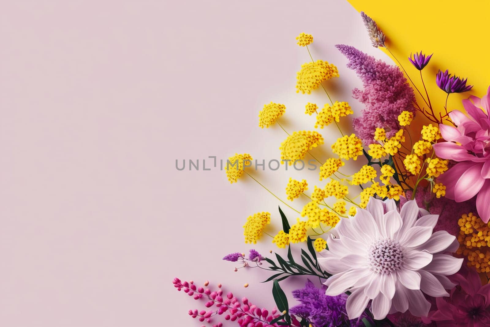 A spring background with pastel-coloured flowers is a natural work of art that showcases the beauty and joy of the season. The soft colour palette, from pale pink to light yellow, creates a sense of calm and serenity in any space. The delicate and elegant flowers add a touch of elegance and sophistication to the background, while the overall ambience is fresh and vibrant. This background is perfect for adding a touch of spring to any design project, whether it's for an advertisement, a website, or to decorate a bedroom.