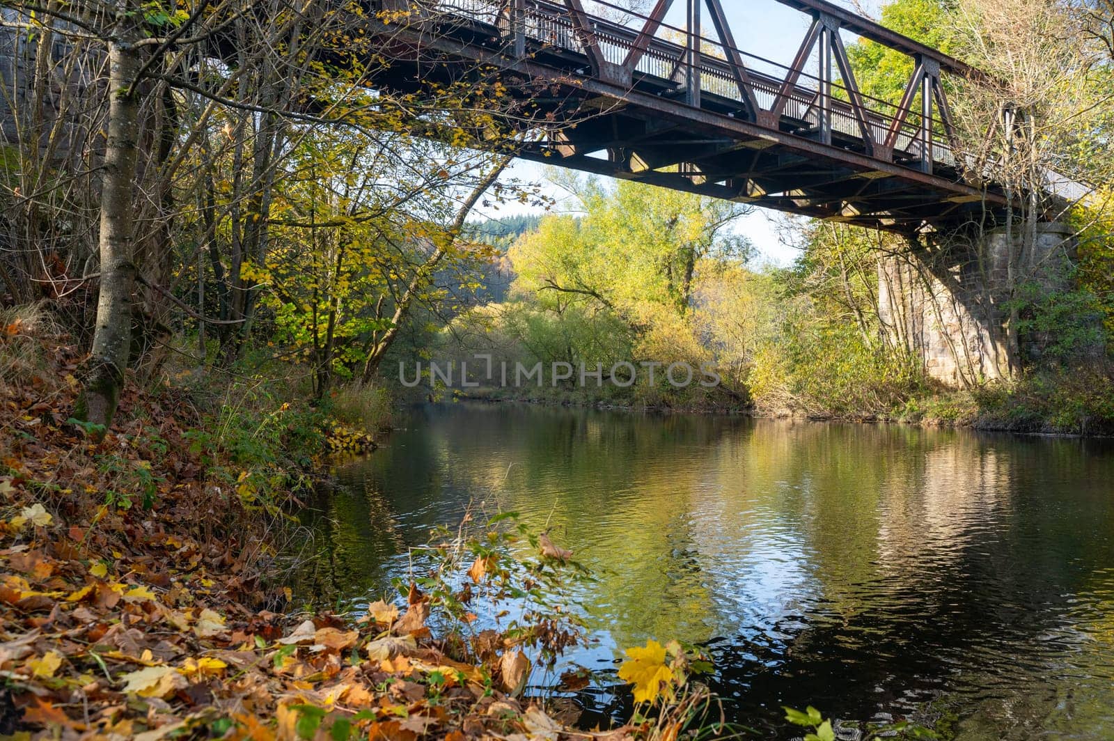 Old iron bridge over the river Eder with banks and trees in Hesse, Germany, Europe