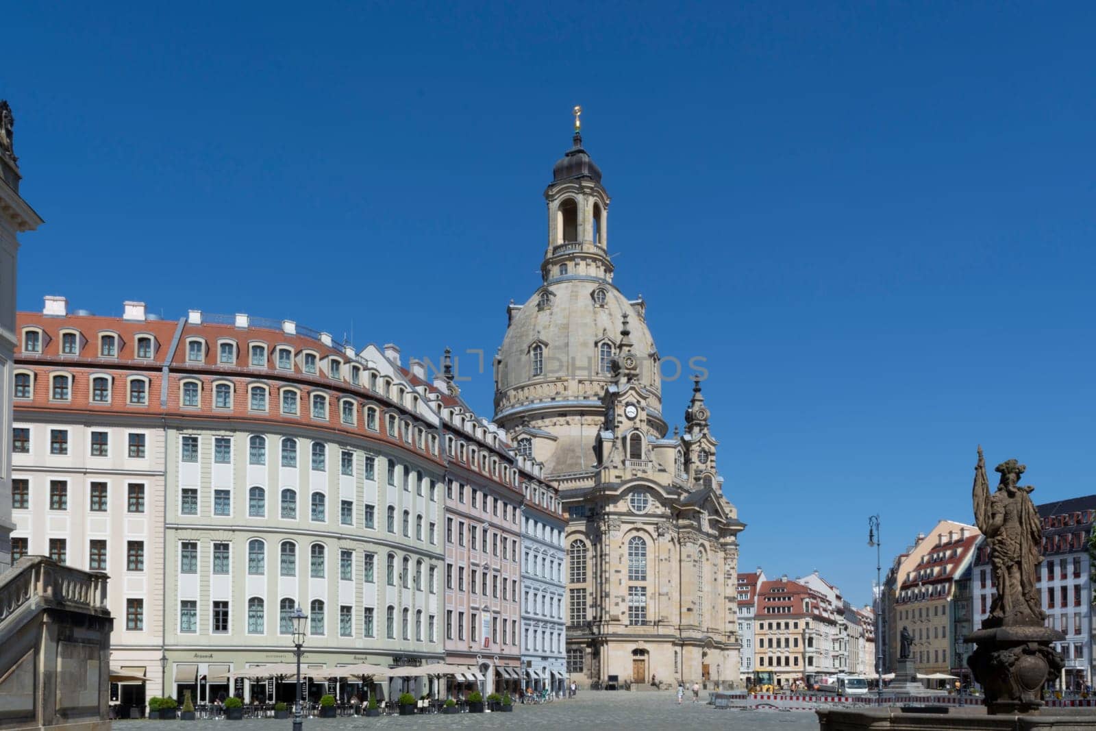 DRESDEN,  GERMANY - JUNI 17, 2021:.Dresden, Germany - Juni 14, 2021:.Dresden cityscape with cathedral, and Elbe river, Saxony, Germany