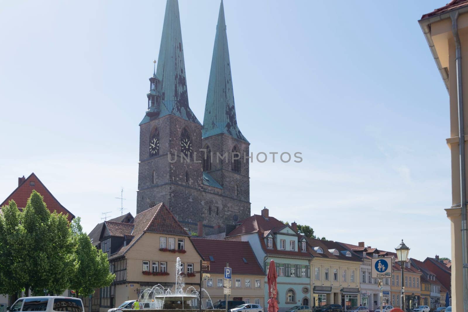 QUEDLINGBURG, GERMANY - JUNE 18, 2021:.Quedlinburg, Germany - June 18, 2021:.Cityscape of medieval city Quedlinburg