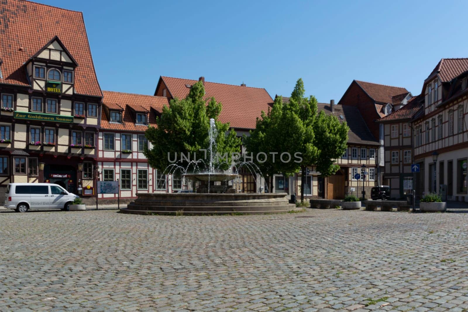 QUEDLINGBURG, GERMANY - JUNE 18, 2021:.Quedlinburg, Germany - June 18, 2021:.Cityscape of medieval city Quedlinburg