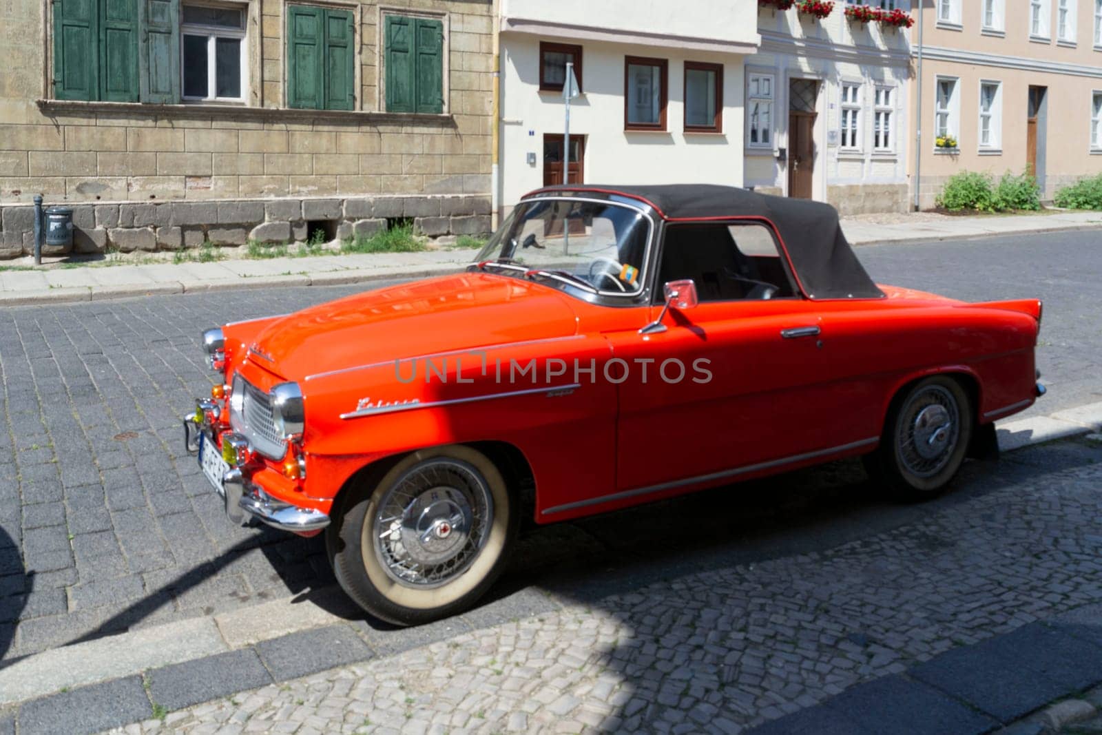 QUEDLINGBURG,  GERMANY - JUNI 18, 2021:.Quedlinburg, Germany - Juni 18, 2021:.Skoda Felicia Cabriolet, vintage cabrio from czech republic in the City of  Quedlinburg