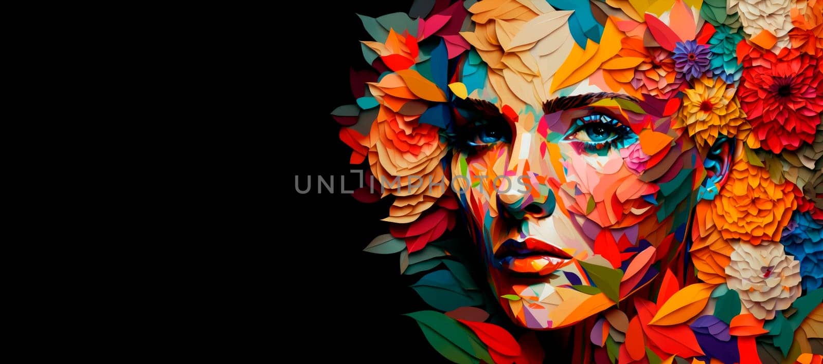 Woman portrait made from flowers and plants.Woman portrait in cubism style colorful illustration . Copy space.Generative AI.