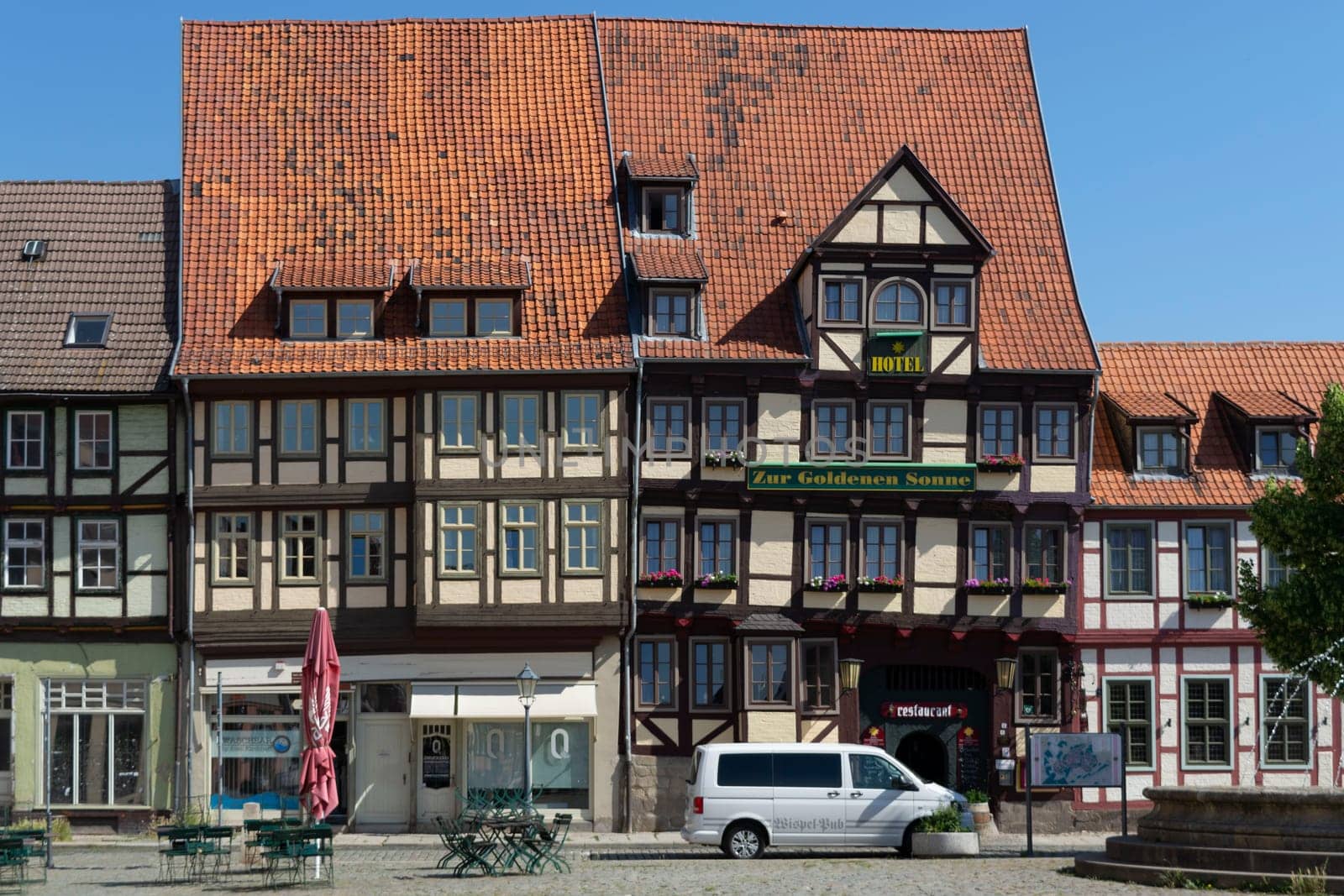 QUEDLINGBURG, GERMANY - JUNE 18, 2021:.Quedlinburg, Germany - June 18, 2021:.Cityscape of medieval city Quedlinburg