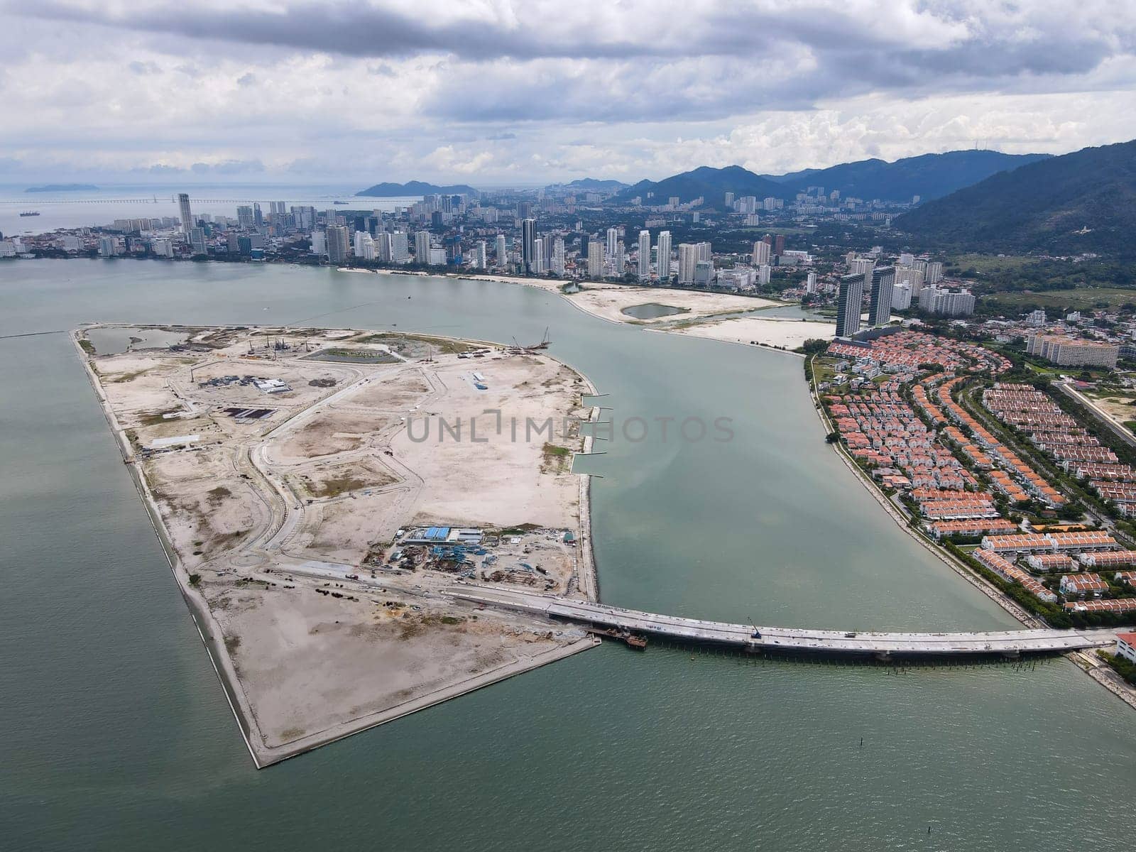 Gurney, Penang, Malaysia - Oct 20 2021: Aerial view reclamation island of Gurney Wharf project in Penang