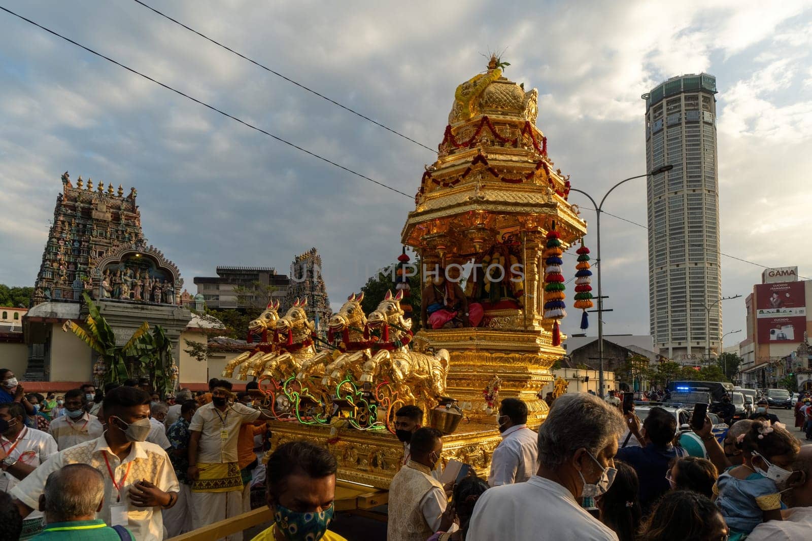 George Town, Penang, Malaysia - Jan 17 2022: Golden chariot arrive Penang Nagarathar Sivan Temple during Thaipusam procession