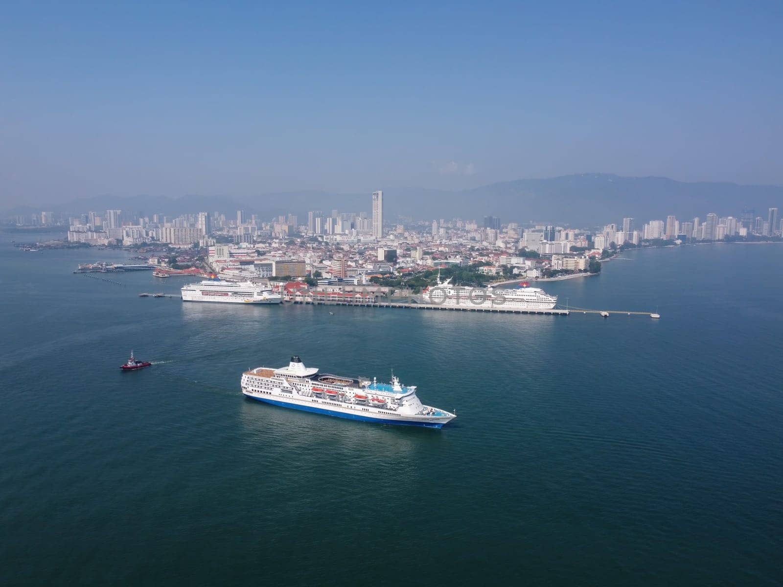 Butterworth, Penang, Malaysia - Mar 12 2022: Aerial view Aegean Paradise cruise ship at Penang Port