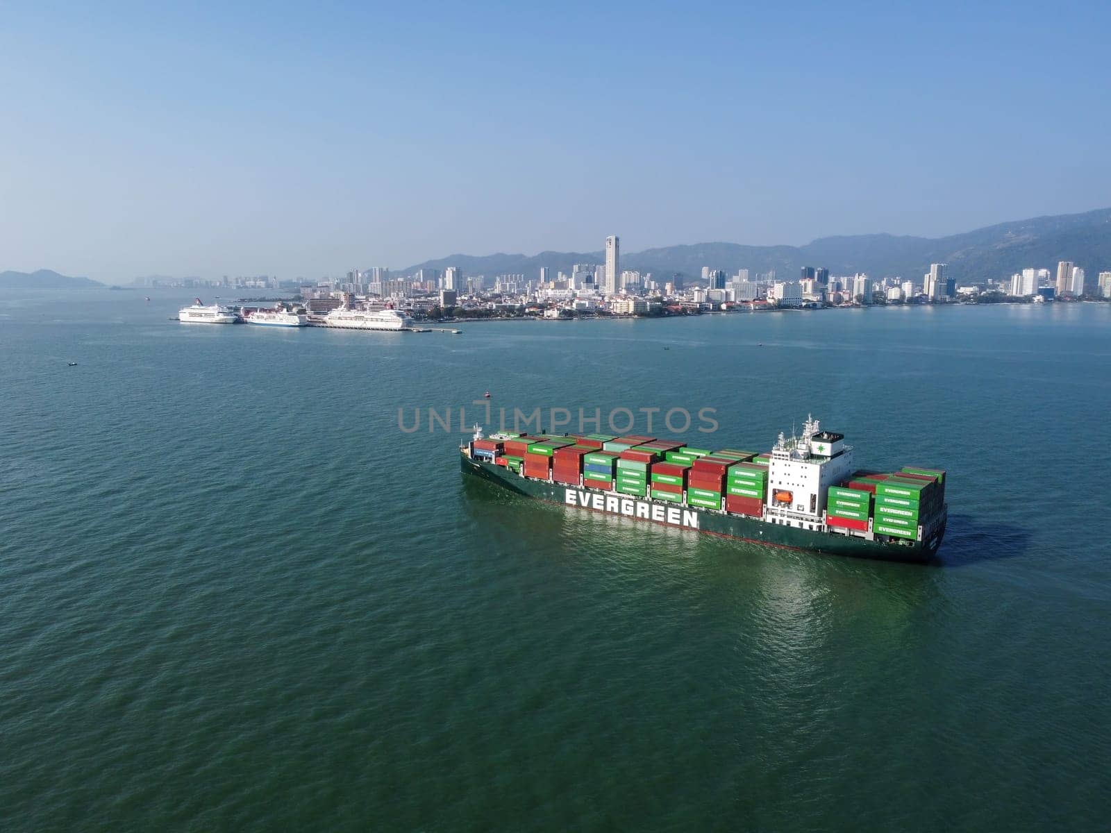 George Town, Penang, Malaysia - Jan 16 2022: Evergreen container cruise ship arrive Penang Island