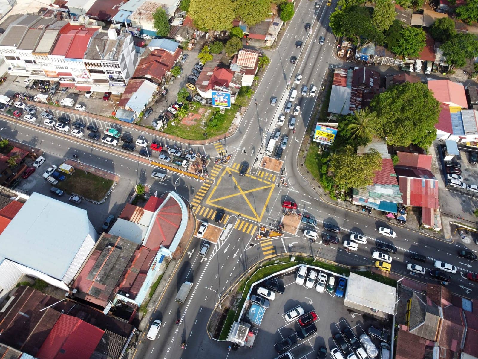 George Town, Penang, Malaysia - Jun 07 2022: Aerial view cross road at Gerogetown