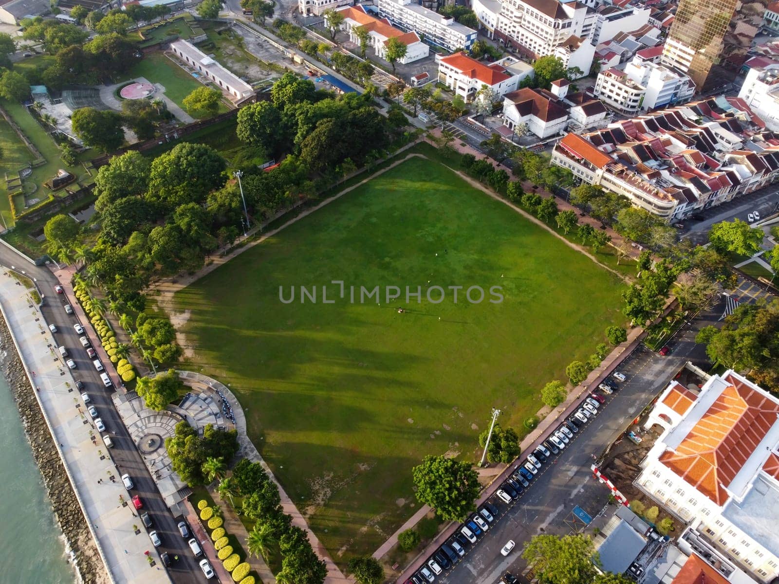 George Town, Penang, Malaysia - Jun 12 2022: Aerial view Padang Kota in morning sun light