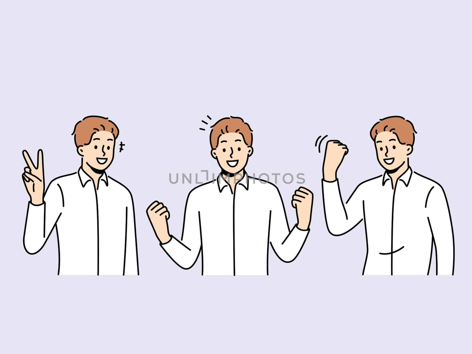 Smiling man make hand gestures celebrating success