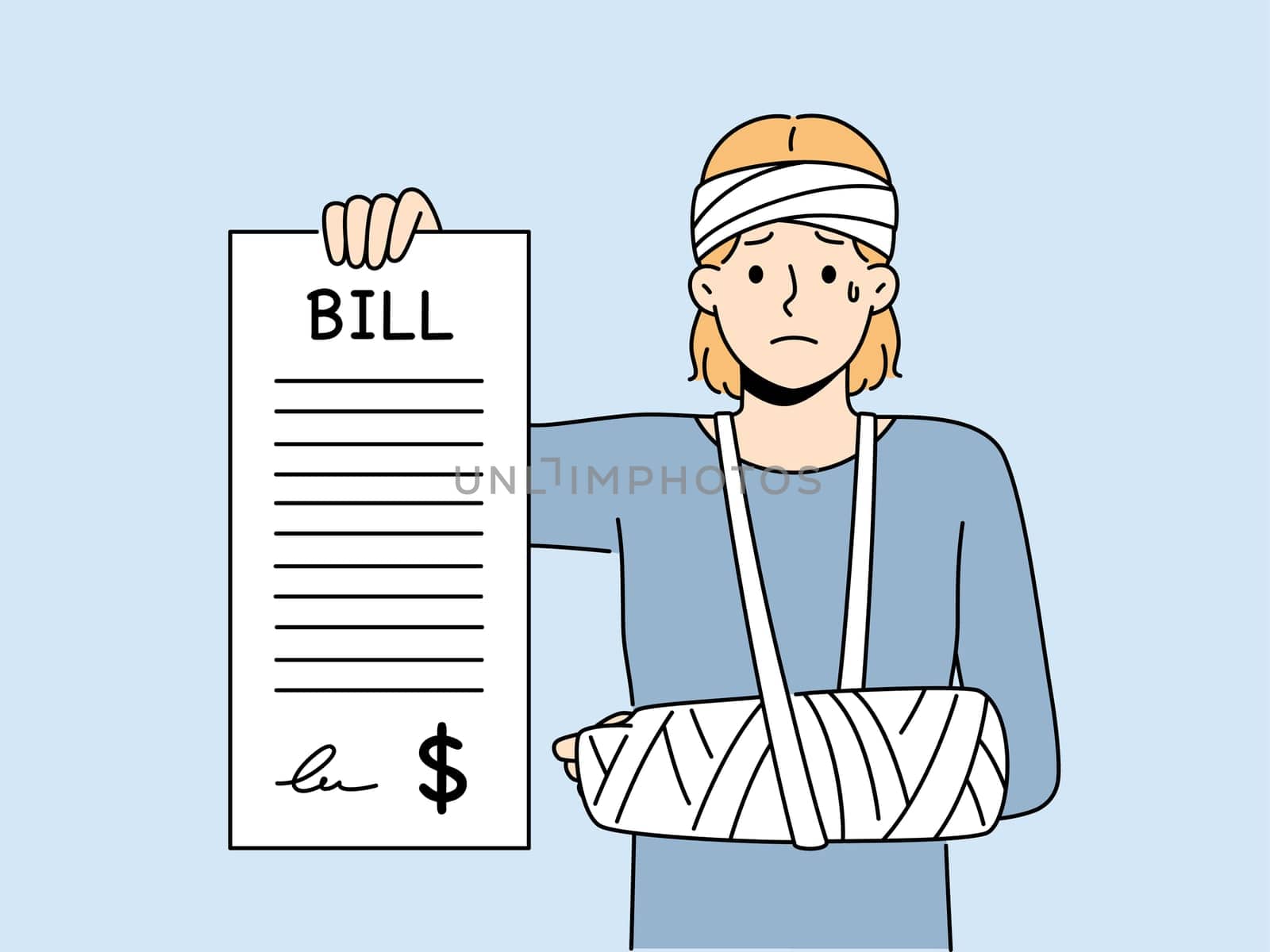 Unhappy crying woman with hand in cast show long expensive medical check. Upset girl demonstrate hospital bill. Healthcare and medicine expenses. Vector illustration.