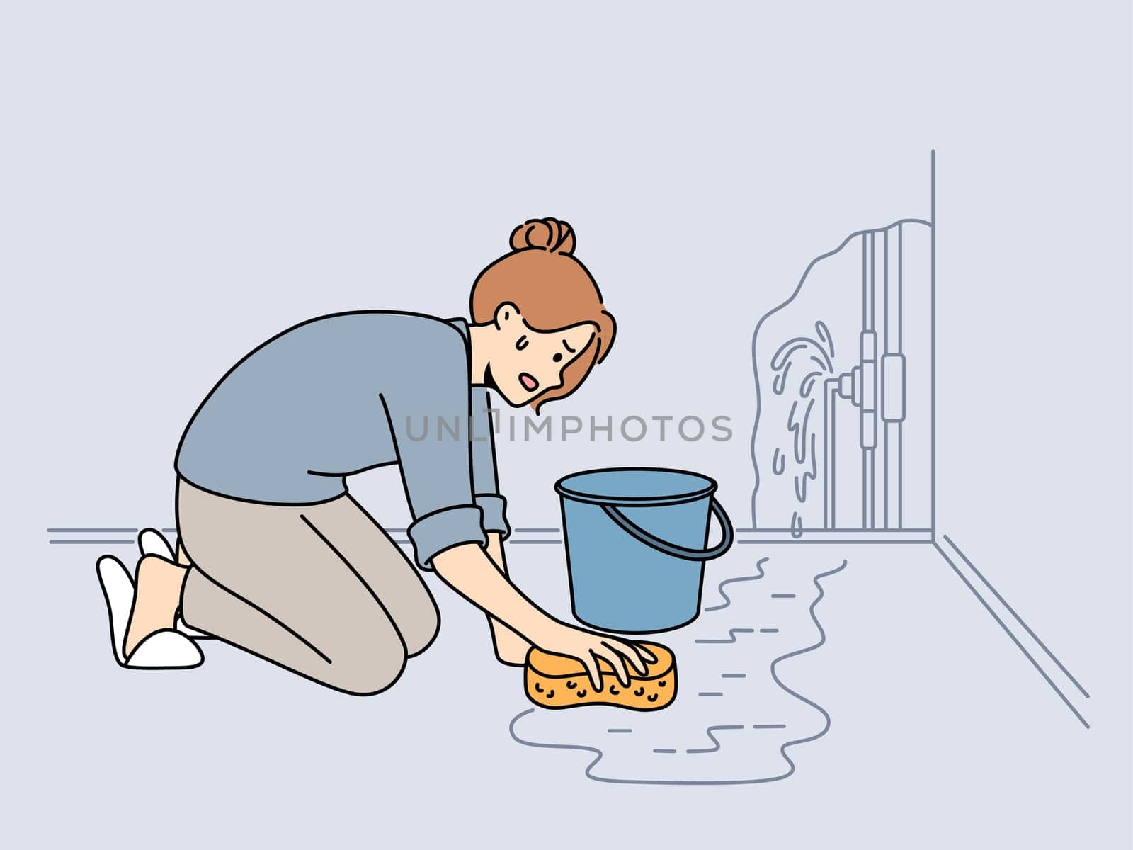 Worried woman cleaning water on floor from broken pipe. Anxious frustrated female collect water from burst pipes. Vector illustration.