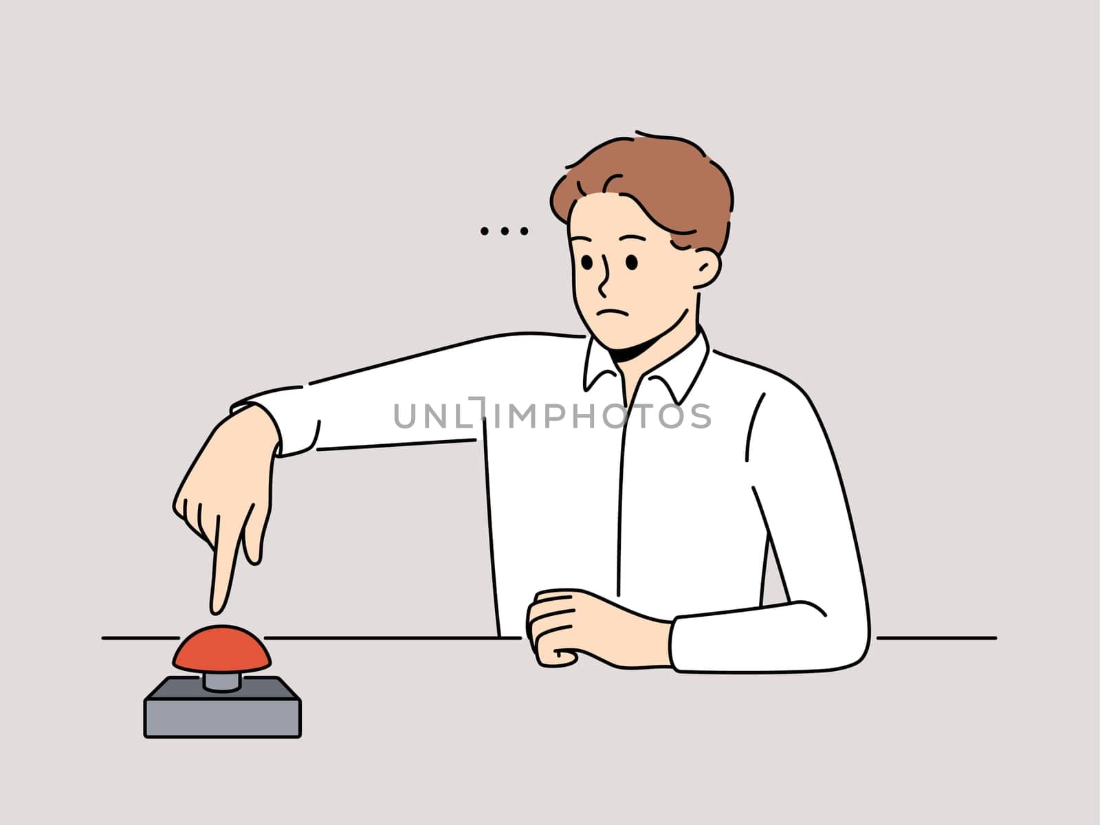 Frustrated man sit at desk push red button. Confused serious male press alert button. Warning or startup launch. Vector illustration.