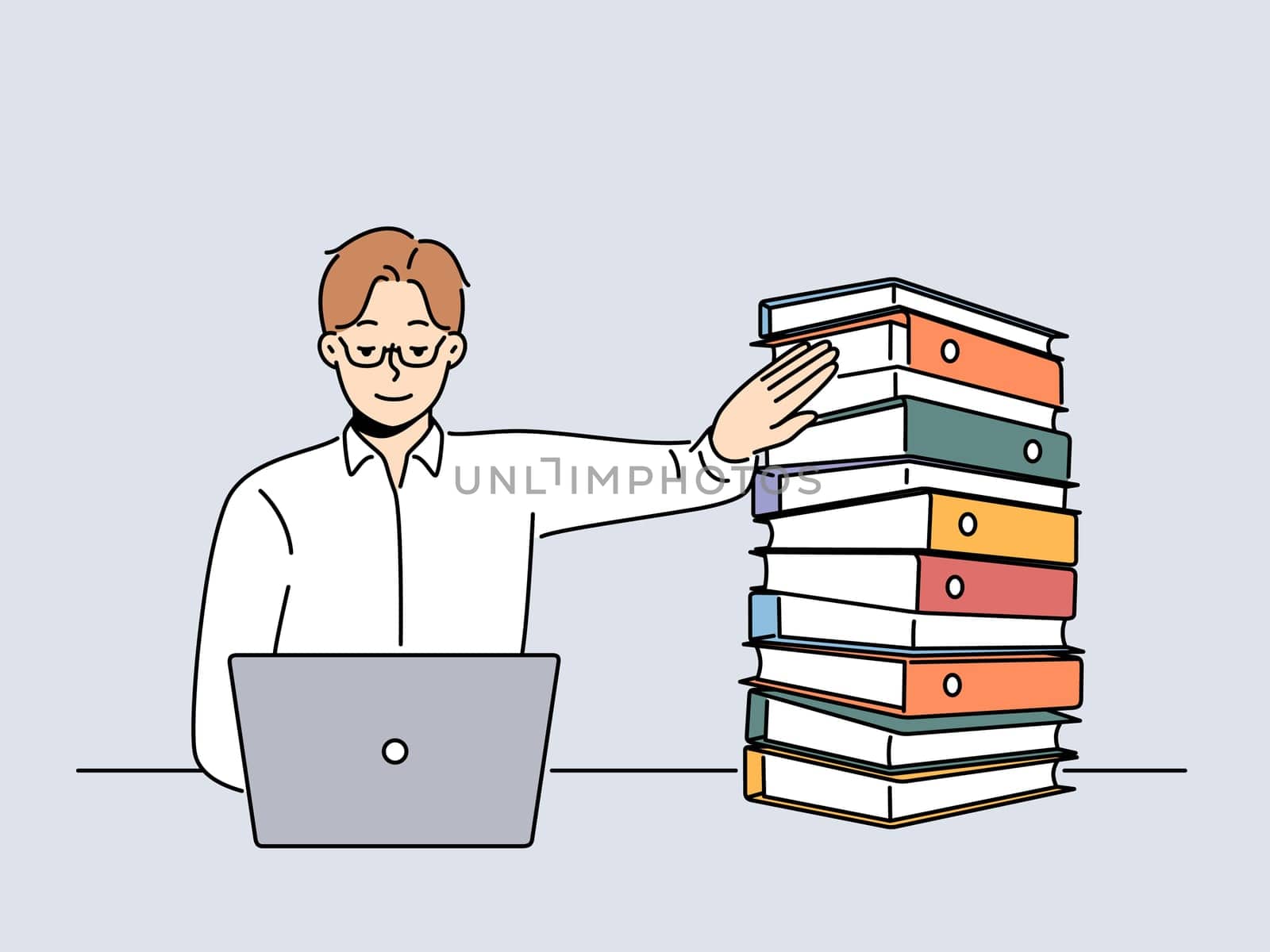 Businesswoman work on laptop put away paper folders. Smiling male employee busy on computer digital operations refuse from paper documents. Vector illustration.