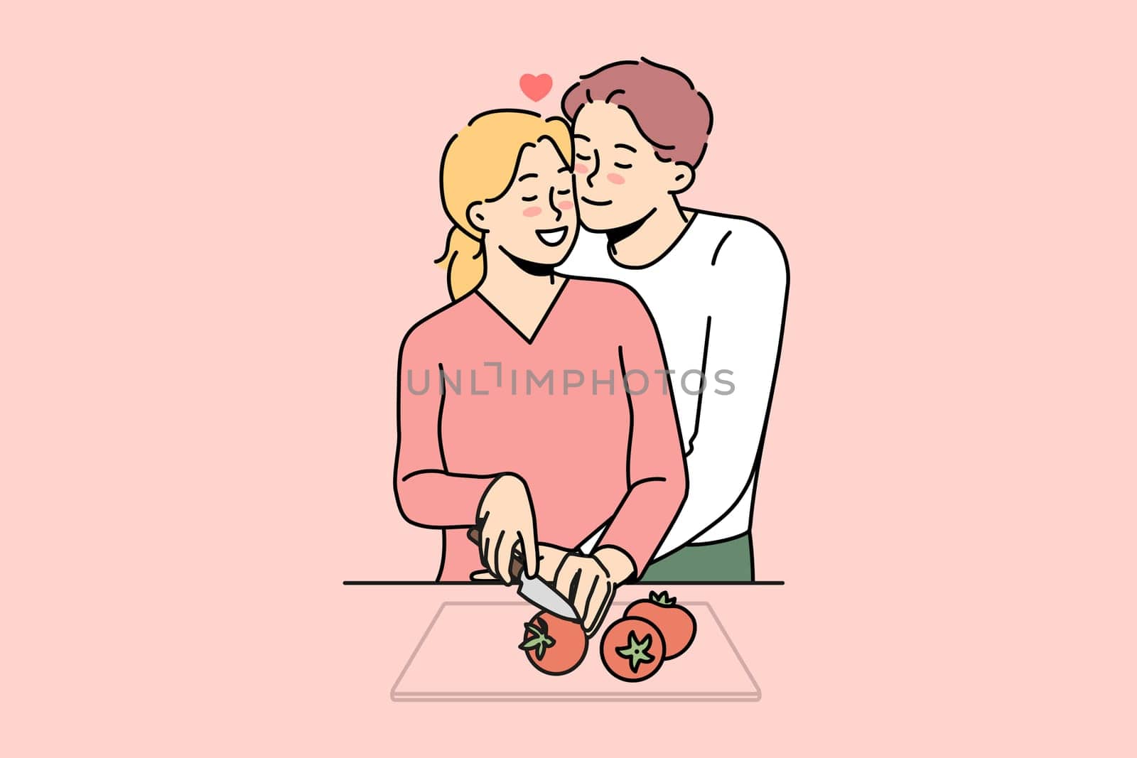 Happy couple in love preparing food together. Smiling man and woman lovers cooking at home kitchen. Vector illustration.